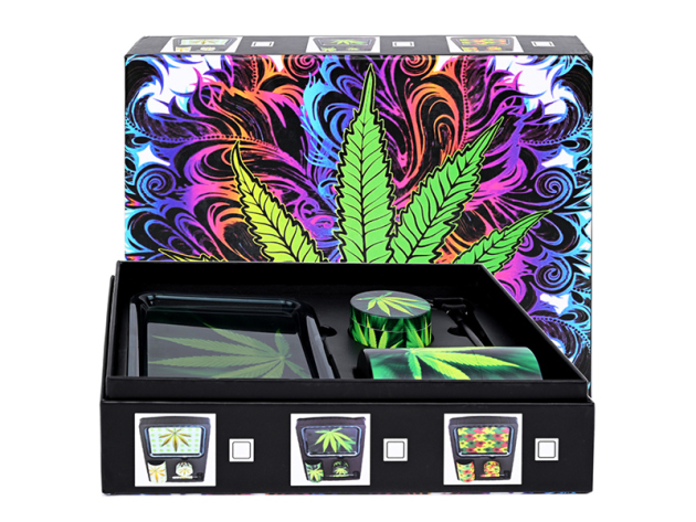 Handpfeifen-Set "Hanf Black", mit Metall-Pfeife, Grinder, Plastik Tray & Vakuum Behälter