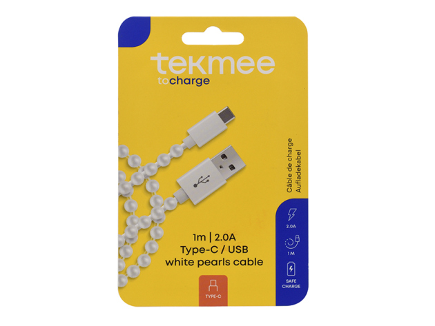 Tekmee Ladekabel USB-C auf Type-C, 2.0A; weiß, 1m; Perlenkabel