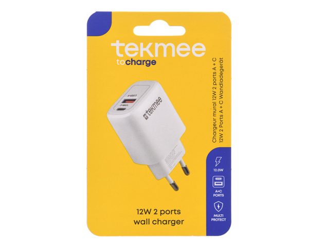 Tekmee Netzstecker Type-C + USB,  12W, Wand Charger; weiß