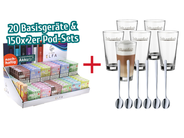 Aktion ELFBAR ELFA - 20 Basisgeräte & 150x 2er Pod-Sets mit Nikotin inkl. Display + WMF Clever & More Latte Macchiato Set