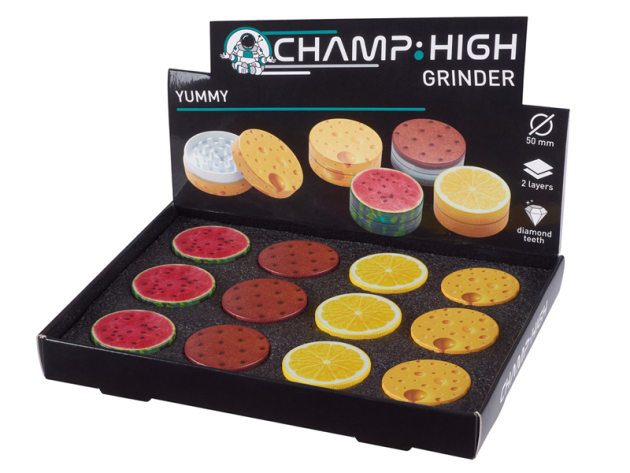 Grinder "Yummy" Kunststoff, 2-tlg., 4-fach sortiert, Ø 5 cm, 12er Display