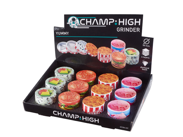 Grinder "Yummy" 4-tlg., 4-fach sortiert, Ø 5 cm, 12er Display