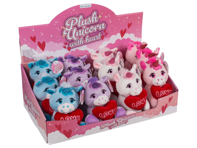 Plüsch Einhorn, mit Herz, 16 x 11 cm, 4-fach sort., 12er Display