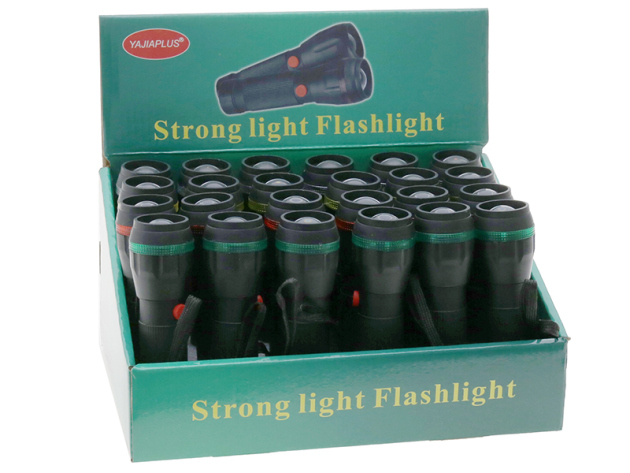 Taschenlampe "Strong" mit Bändchen mit Zoom-Funktion; schwarz; 4-fach sortiert; 24er Display