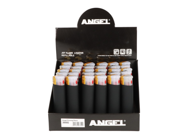 Sturmfeuerzeuge "Angel", schwarz/gold/silber, Jet-Flame, LED im Knopf, 30er Display