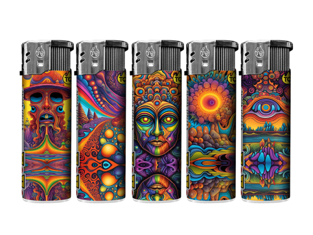 Elektrofeuerzeuge "PSYCHEDELIC", 5-fach sortiert; 50er Display