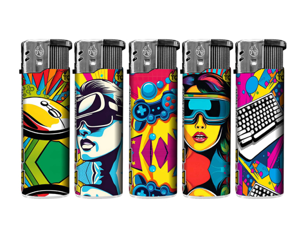 Elektrofeuerzeuge "POP ART GAMING", 5-fach sortiert; 50er Display