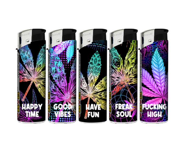 Elektrofeuerzeuge "HAPPY VIBES", 5-fach sortiert; 50er Display