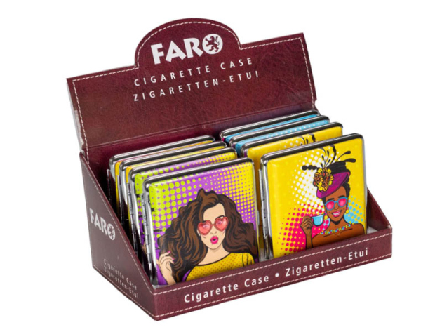 Zigarettenetui "Popart" Metall PU, für 20 Zig., mit Gummiband, 8er Display