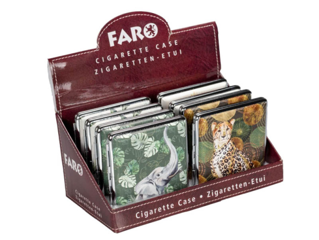 Zigarettenetui "Animal" Metall PU, für 20 Zig., mit Gummiband, 8er Display
