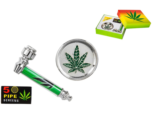 Grinder Set "Hanfblatt" Metall; Höhe 2cm; Ø 5cm & Pfeife 9cm + Siebe