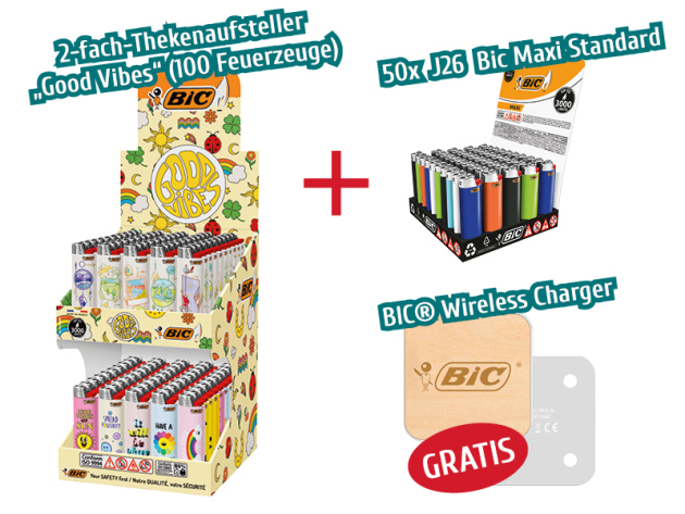 BIC PAKET - Doppelthekendisplay "Good Vibes" + J26 Bic Maxi Standard (50 Stück) + BIC® Wireless Charger