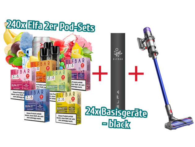 Aktion ELFA - 240x 2er Pod-Sets mit Nikotin + 24x Basisgerät - black (Schwarz) + Dyson V11 (Nickel/Blau)
