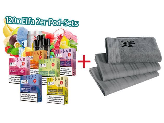 Aktion ELFBAR ELFA - 120x 2er Pod-Sets mit Nikotin + WMF Küchenhandtuch-Set ProfiSelect, 3-teilig GRATIS