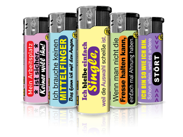 Elektrofeuerzeuge "LUSTIGE SPRÜCHE", 5-fach sortiert, 50er Display