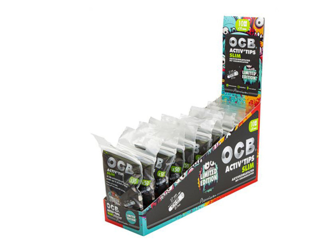 OCB "Limited Edition" Activ Tips Slim; Ø 7mm, Aktivkohlefilter; (10 Beutel á 50 Stück) Display