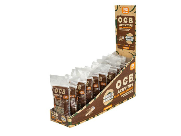 OCB "Limited Edition" ungebleicht;  Activ Tips Slim; Ø 7mm, Aktivkohlefilter; (10 Beutel á 50 Stück) Display