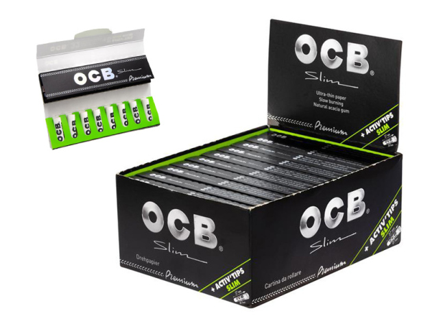 OCB "Limited Edition" ungebleicht;  Activ Tips Slim; Ø 7mm, Aktivkohlefilter; (20 Hefte á 32 Blatt & 8 Tips) Display