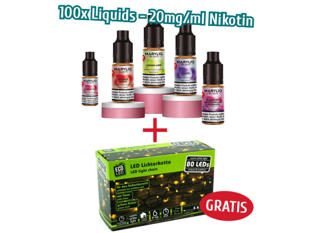 Aktion 100x Lost Mary MARYLIQ - Liquid - 20 mg/ml Nikotin - 10 ml + Outdoor Lichterkette 80 LED GRATIS