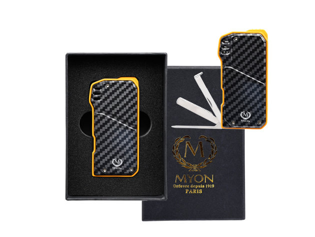 Pfeifenfeuerzeug "Myon" schwarz-gelb, mit Tools, bl. Jet-Flame, inkl. Box