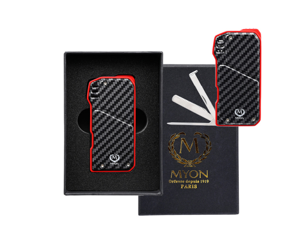 Pfeifenfeuerzeug "Myon" schwarz-rot, mit Tools, bl. Jet-Flame, inkl. Box