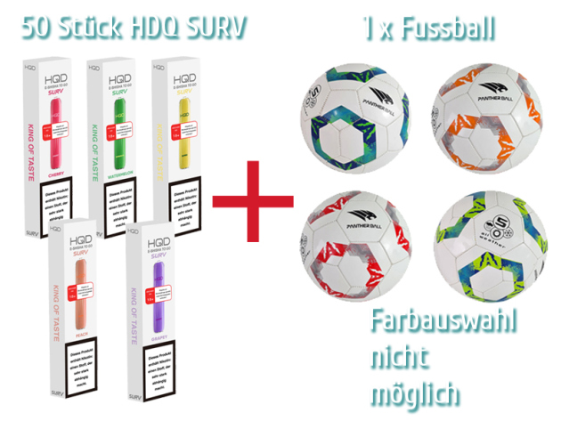 Aktion 1 - 50 x HQD SURV E-Shisha; versch. Sorten + Fussball GRATIS