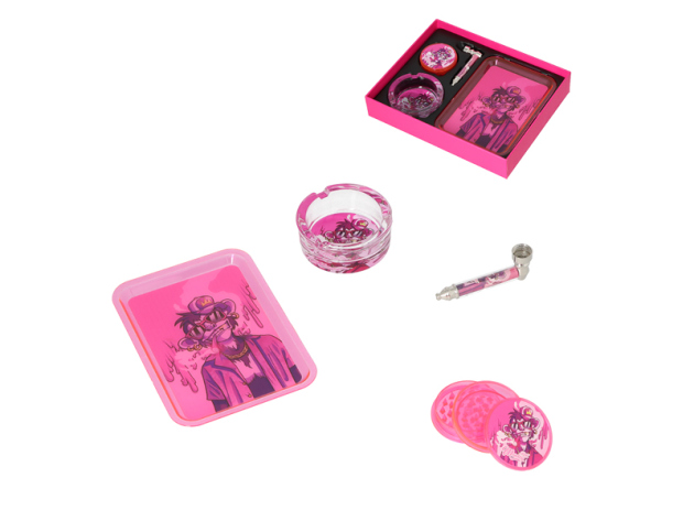 Raucher-Set "Monkey King" Grinder+Pipe+Ascher+Tray - Pink