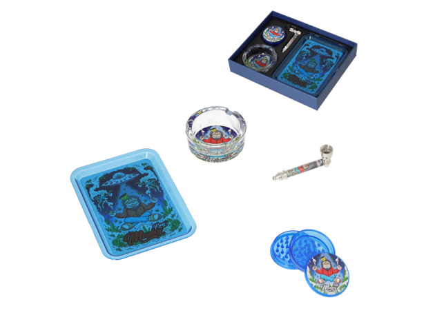 Raucher-Set "Monkey King" Grinder+Pipe+Ascher+Tray - Weltraum