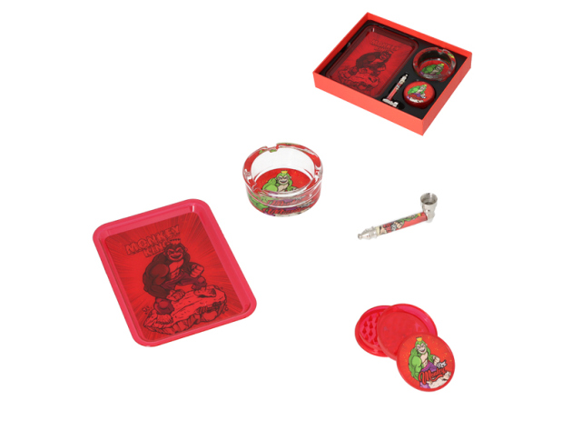 Raucher-Set "Monkey King" Grinder+Pipe+Ascher+Tray - rot