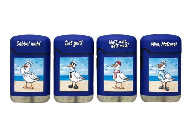 Sturm-, Zigarrenfeuerzeuge "Möwe" blau, 4-fach sortiert, Jet-Flame, 20er Display