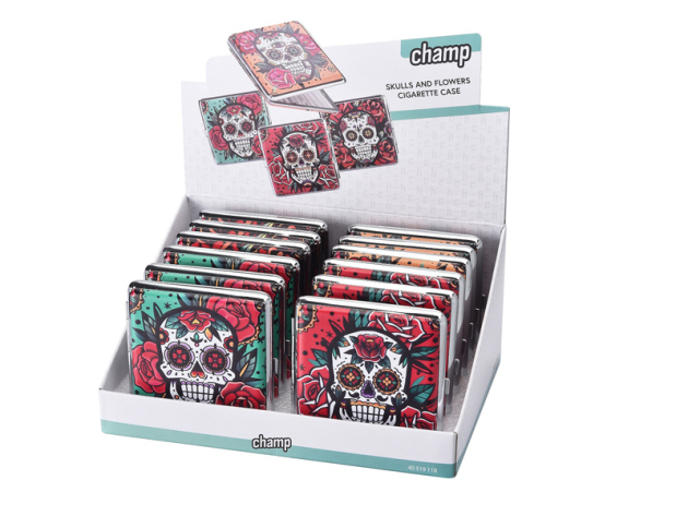 Zigarettenetuis "Skulls & Flowers" für 20 Zig., mit Gummiband, 4-fach sortiert, 12er Display
