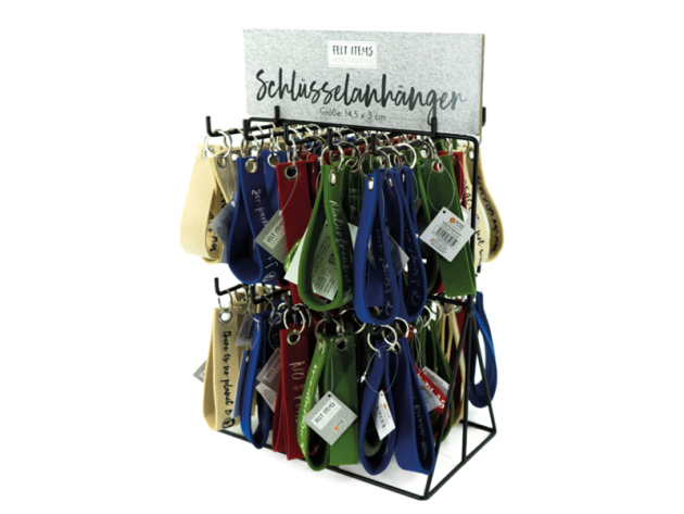 Schlüsselschilder Filz, 4 Farben + 8 Sprüche, 14x3cm, 100er Display