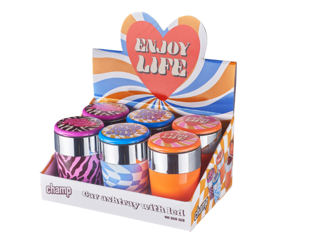 Autoaschenbecher "Good Vibes" ; 3-fach sortiert; Ø 7,6 cm, H 11,4 cm; 6er Display