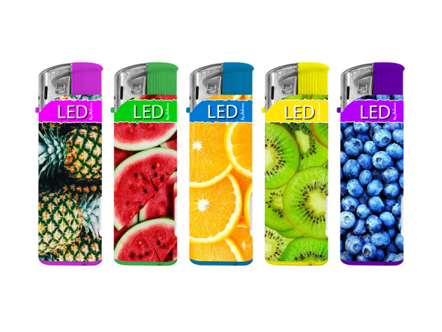 Elektrofeuerzeuge "FRUITS" mit LED, 5-fach sortiert, 50er Display