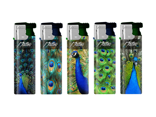 Sturmfeuerzeuge "Peacock" mit füllb. Oberfl., 5-fach sortiert, 50er Display