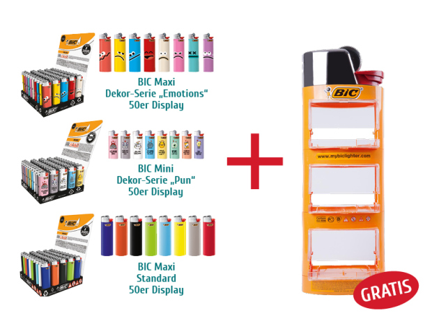 BIC AKTION - BIC Maxi "Emotions" und "Standard", BIC Mini "Pun" je 50 Stück + Feuerzeugaufsteller GRATIS