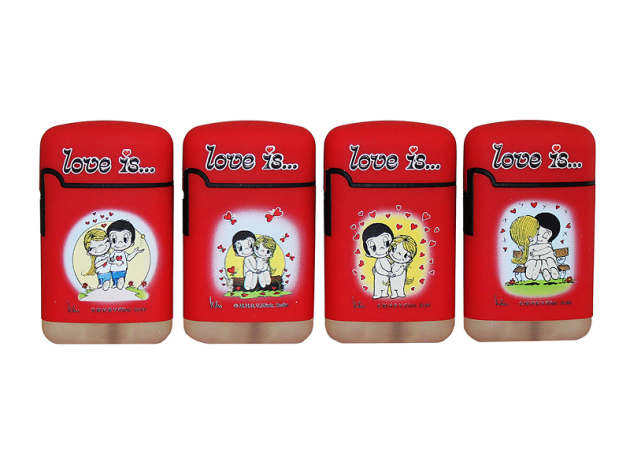 Sturm-, Zigarrenfeuerzeuge "love is ..." rot, 4-fach sortiert, Jet-Flame, 20er Display