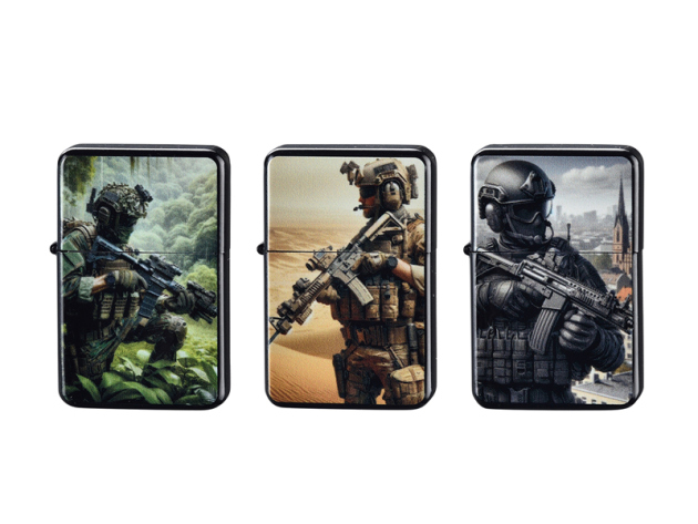 Zigarrenfeuerzeuge "World Troops", Jet-Flame, 3-fach sortiert, 12er Display