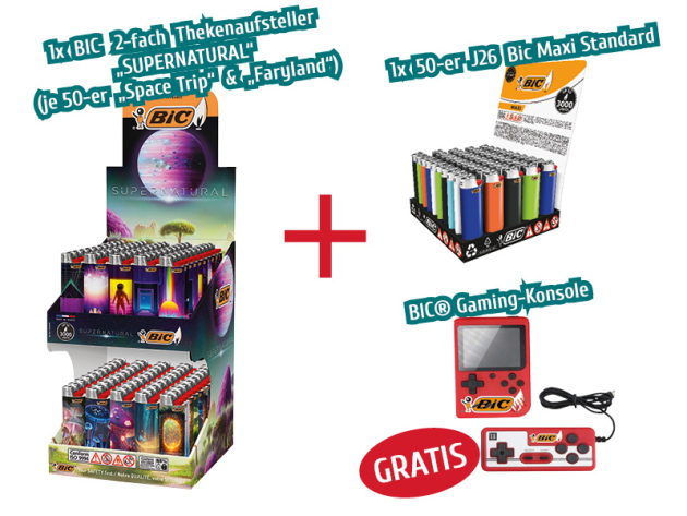 BIC PAKET - Doppelthekendisplay "Supernatural" + J26 Bic Maxi Standard (50 Stück) + BIC® Mini Gaming Konsole