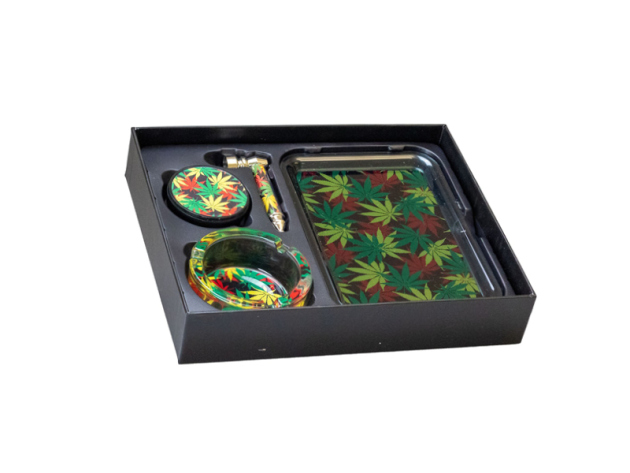 Raucher-Set "Leaf Design" Grinder+Pipe+Ascher+Tray