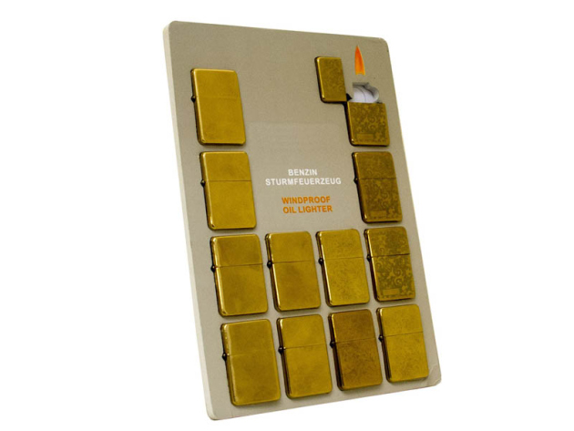 Sturmfeuerzeuge "Oil Lighter Gold" bunt, Jet-Flame, 12er Display