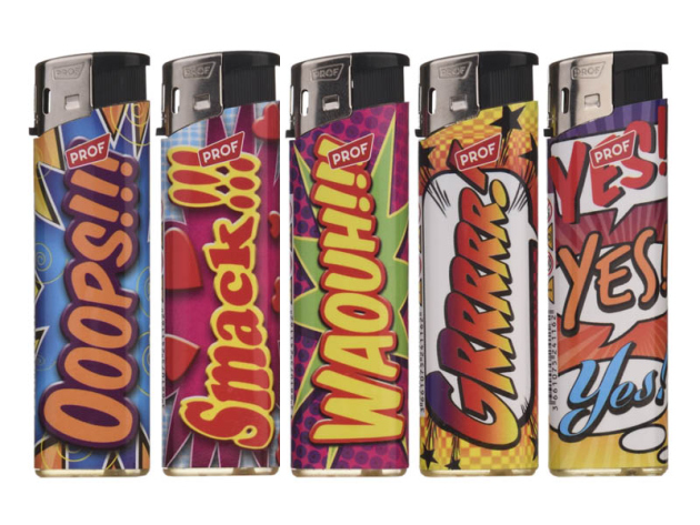 Elektrofeuerzeuge "ONOMATOPOEIA", 5-fach sortiert, 50er Display