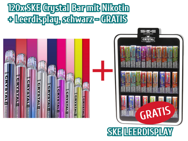 AKTION - 120x SKE Ceystal Bar mit Nikotin + Leerdisplay Kunststoff, Beleuchtung, 3 Fächer, Schloss - GRATIS