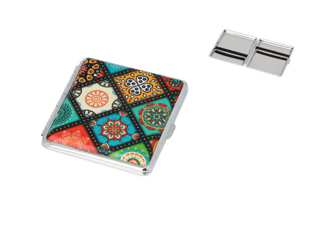 Zigarettenetuis "Floral" gelb/grün, für 20 Zig., mit Gummiband