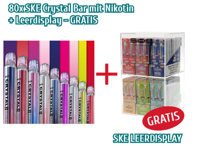 AKTION - 80x SKE Ceystal Bar mit Nikotin + Leerdisplay Kunststoff, 2 Fächer, Schloss -  GRATIS