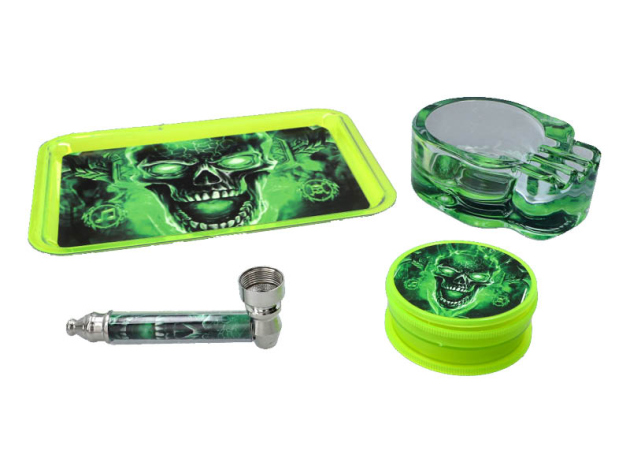 Handpfeifen-Set "green Skull", mit Pfeife, Grinder, Aschenbecher und Tray