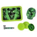 Handpfeifen-Set "green Skull", mit Pfeife, Grinder, Aschenbecher und Tray