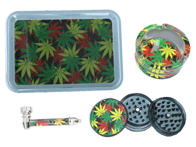 Handpfeifen-Set "Reggae Leaves", mit Pfeife, Grinder, Aschenbecher und Tray