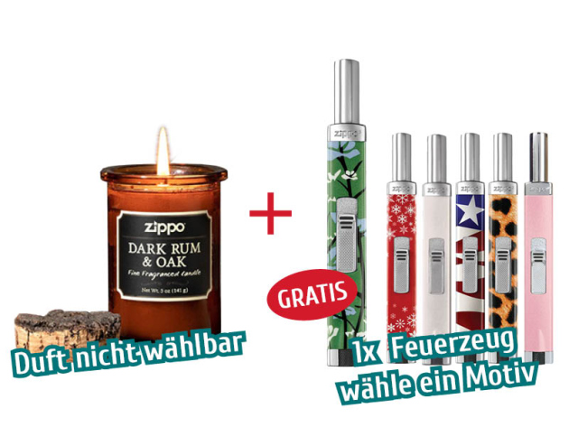 1x ZIPPO Duftkerze im Glas, 3-fach sortiert + 1x Zippo Stabfeuerzeug 6 Motive zur Auswahl