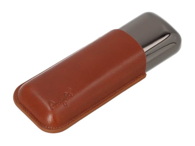 Zigarrenetui "Angelo"; für 2 Zig., Leder braun, Metall anthrazit, Länge: 15cm, Ring 53